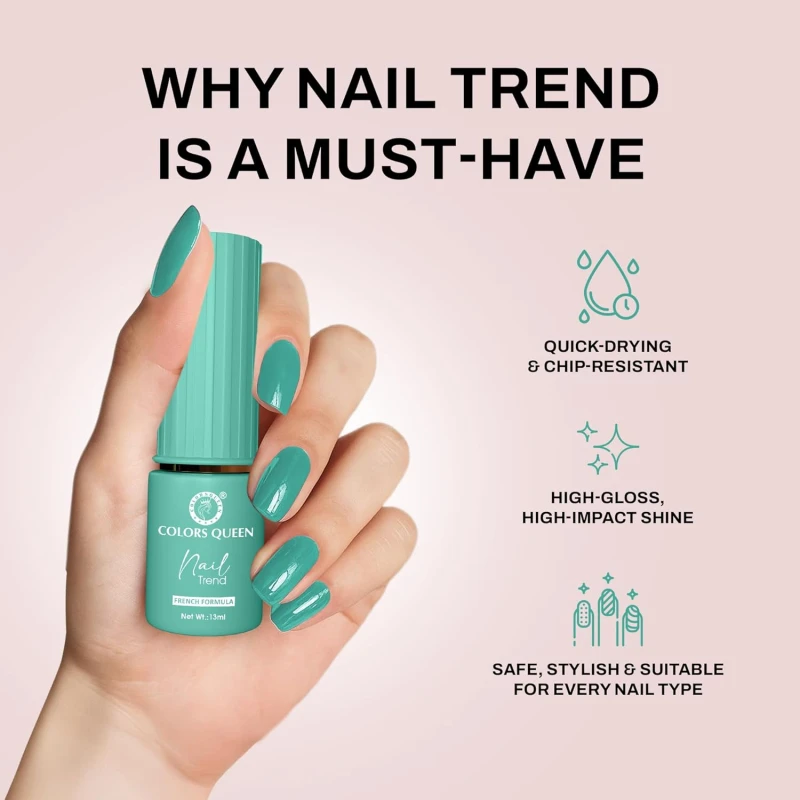 Colors Queen Nail Trend Glossy Nail Polish | Chip Resisting & Quick Drying Nail Paint with High Shine | 7 Toxin Free Formula | Vegan & Cruelty Free | Long Lasting & Vibrant Nail Paint for Women (Tranquil Aqua, 13ml) thumbnail 4
